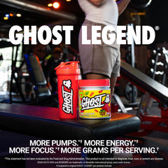 GHOST Legend redberry scoop beside the tub highlights precise dosage and vegan formula.