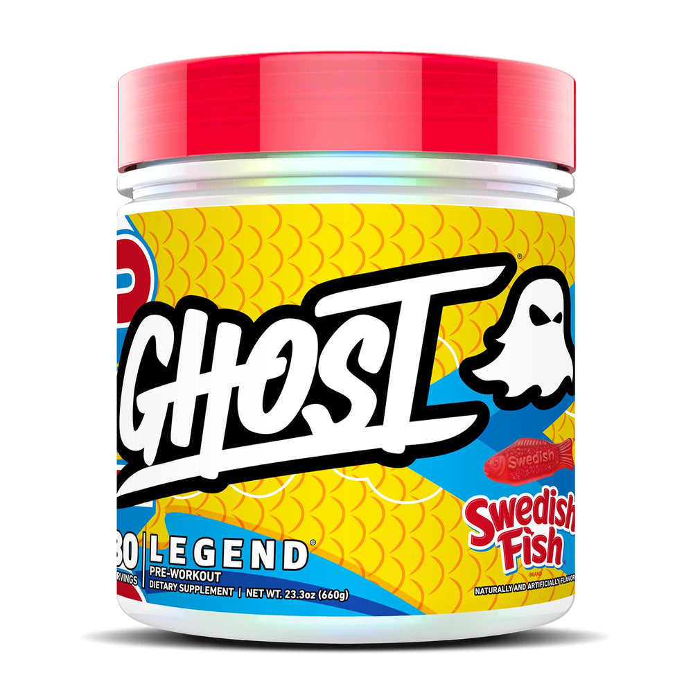 Ghost Legend Swedish Fish preworkout powder jar with vegan-friendly formula for clean pumps.