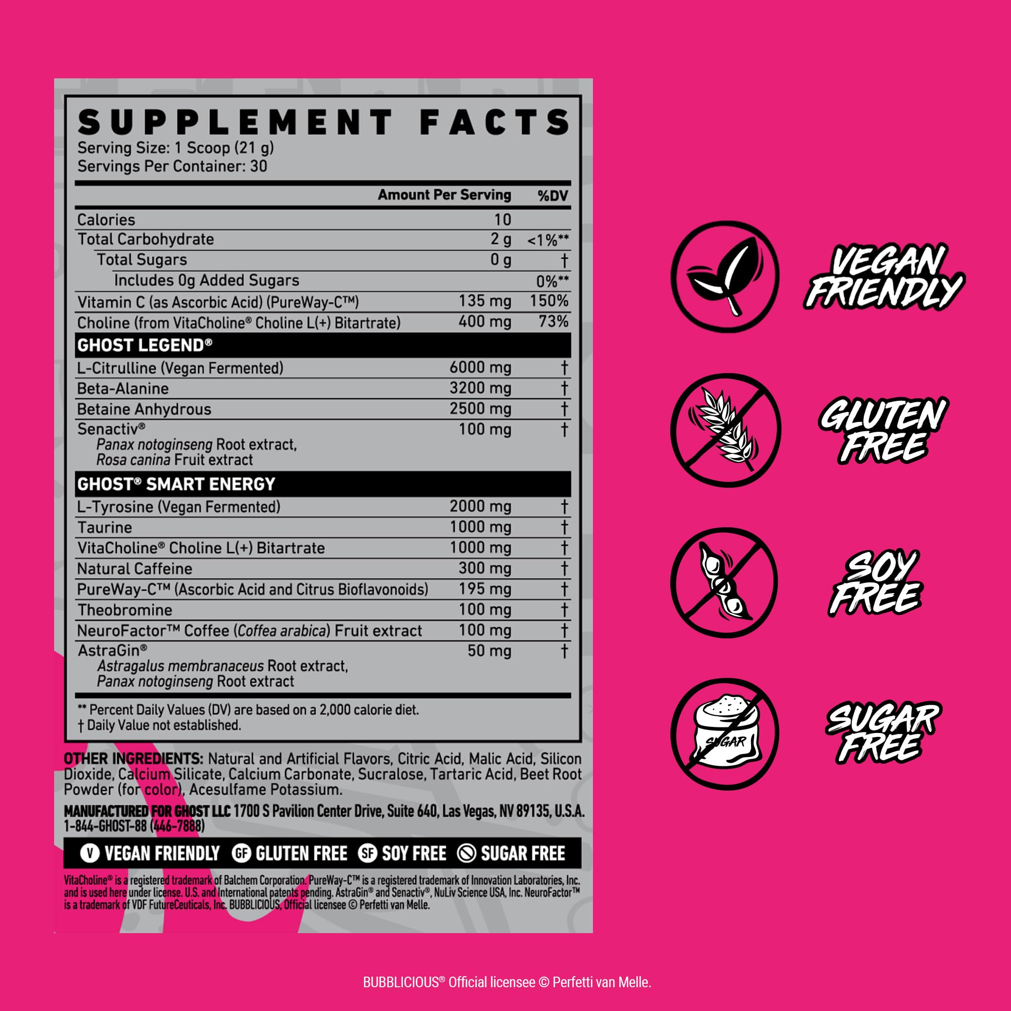 Ghost Legend tub front view highlighting vegan-friendly formula.