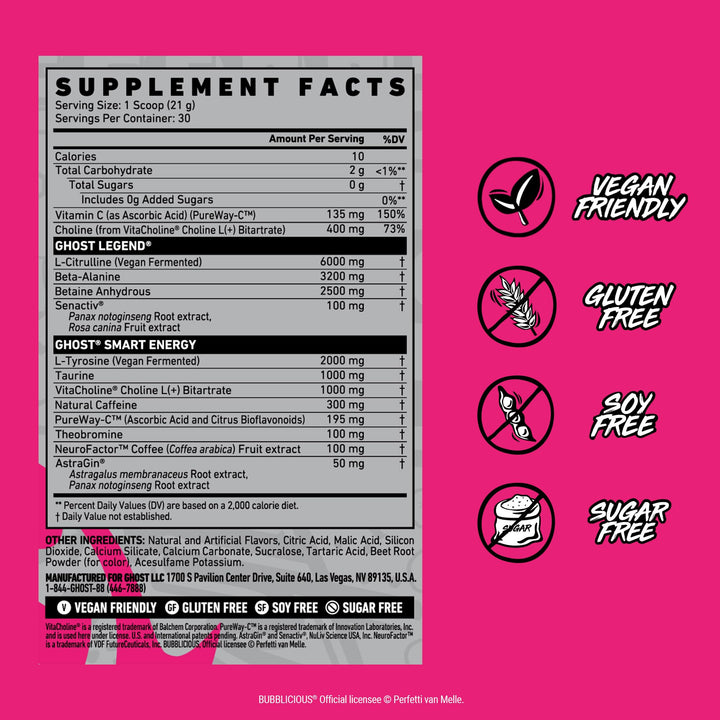 Ghost Legend tub front view highlighting vegan-friendly formula.