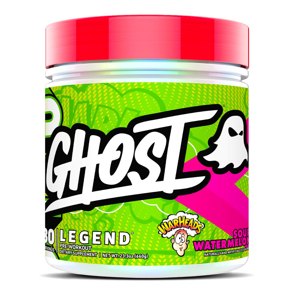 GHOST Legend tub open showing Warheads Sour Watermelon flavor for pre-workout fueling