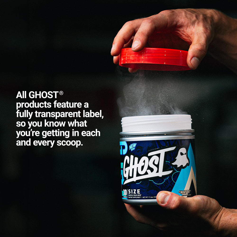 GHOST Size V3 transparent label shows full dosing details.