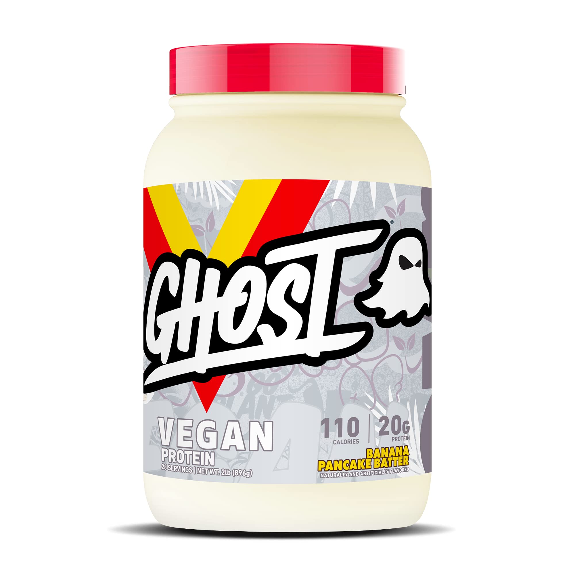 GHOST Vegan Protein sabor plátano para panqueques, botella de 2 libras, ideal para batidos.