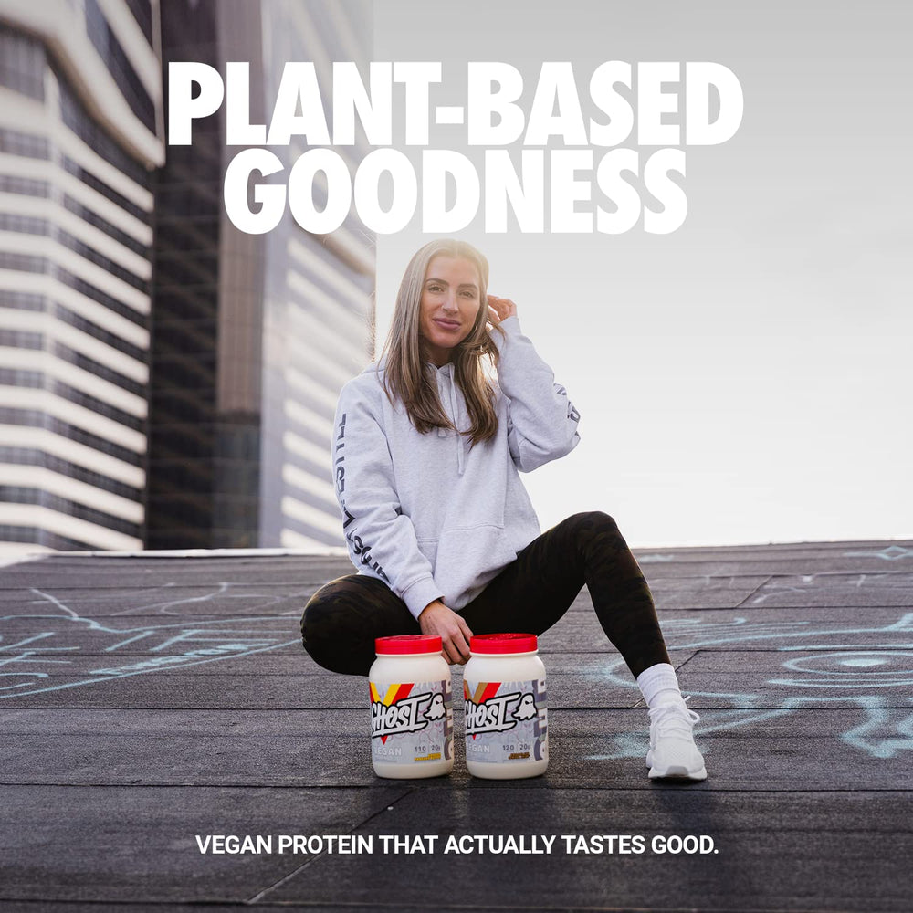 Etiqueta transparente de GHOST Vegan Protein, muestra la dosis real y la composición.