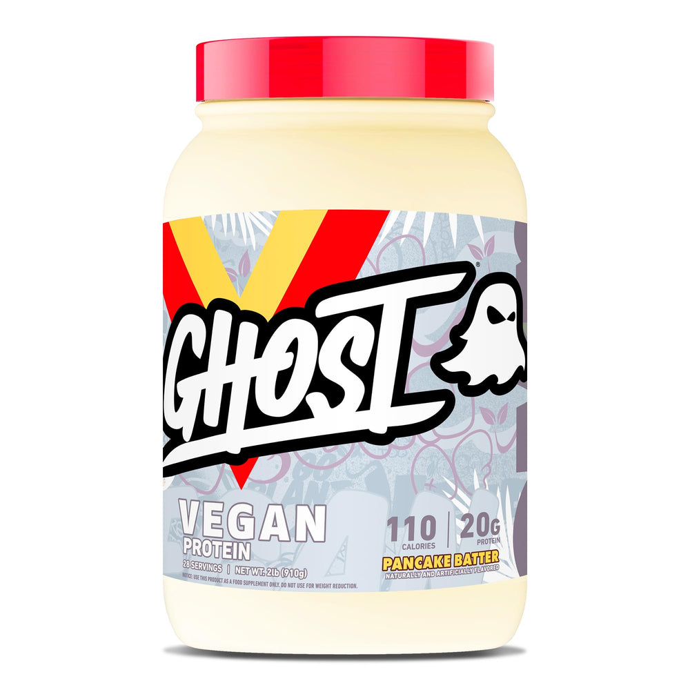 Ghost Vegan Protein Pancake Batter tub showing 20g protein per serving.