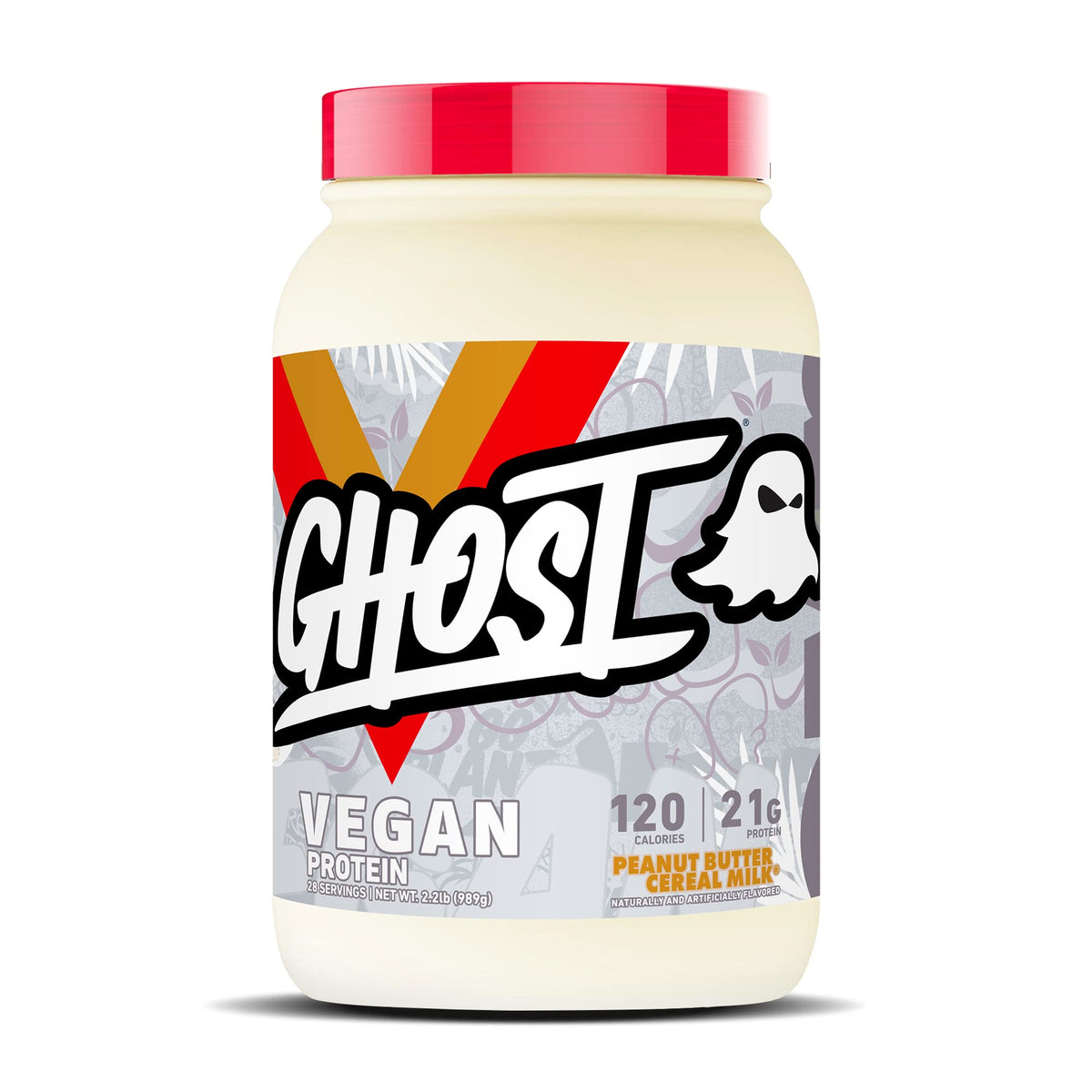 GHOST Vegan Protein tub front displaying Peanut Butter Cereal Milk flavor for post-workout use