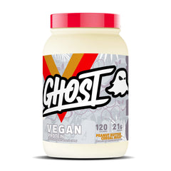 GHOST Vegan Protein tub front displaying Peanut Butter Cereal Milk flavor for post-workout use