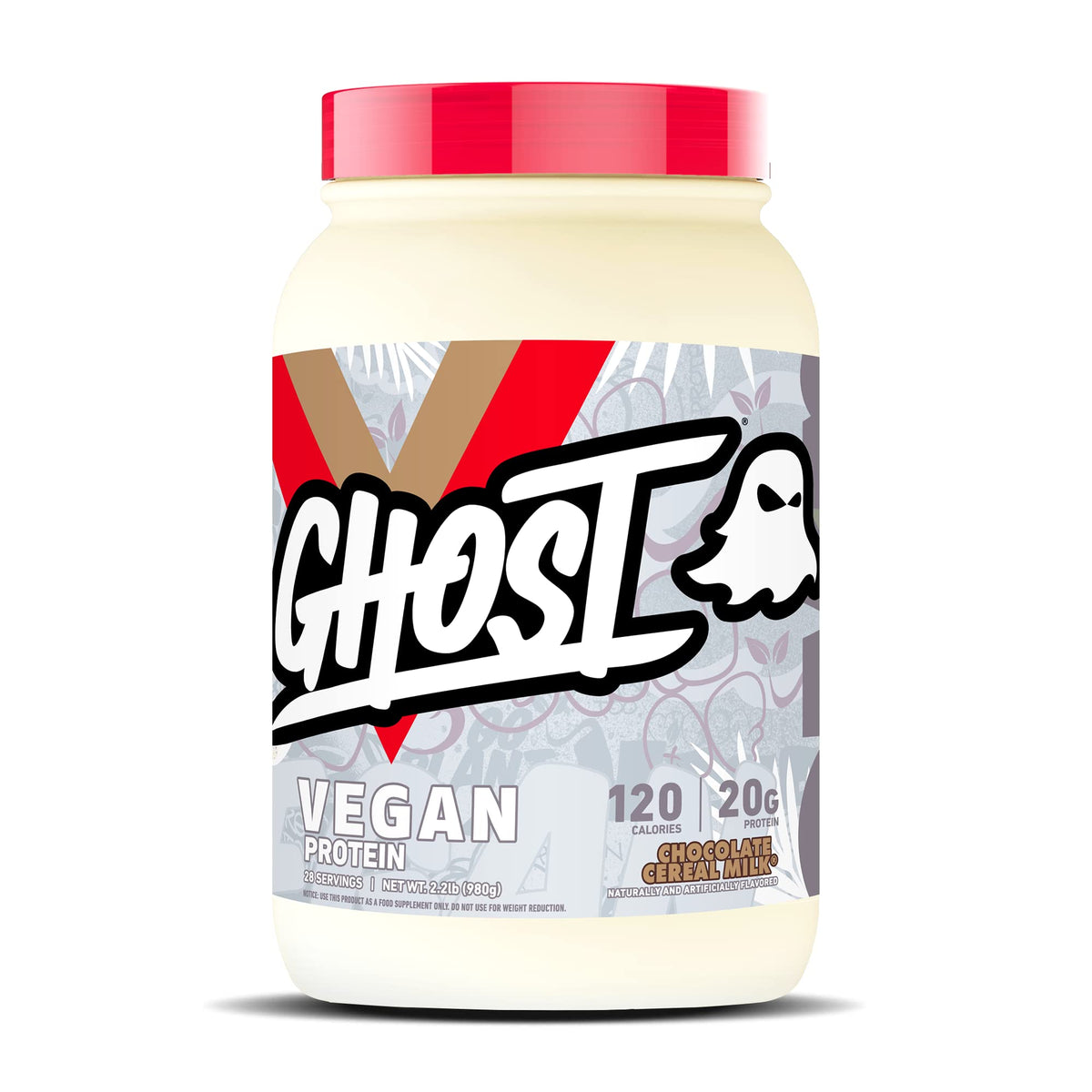 GHOST Vegan Protein Powder tub with Chocolate Cereal Milk flavor