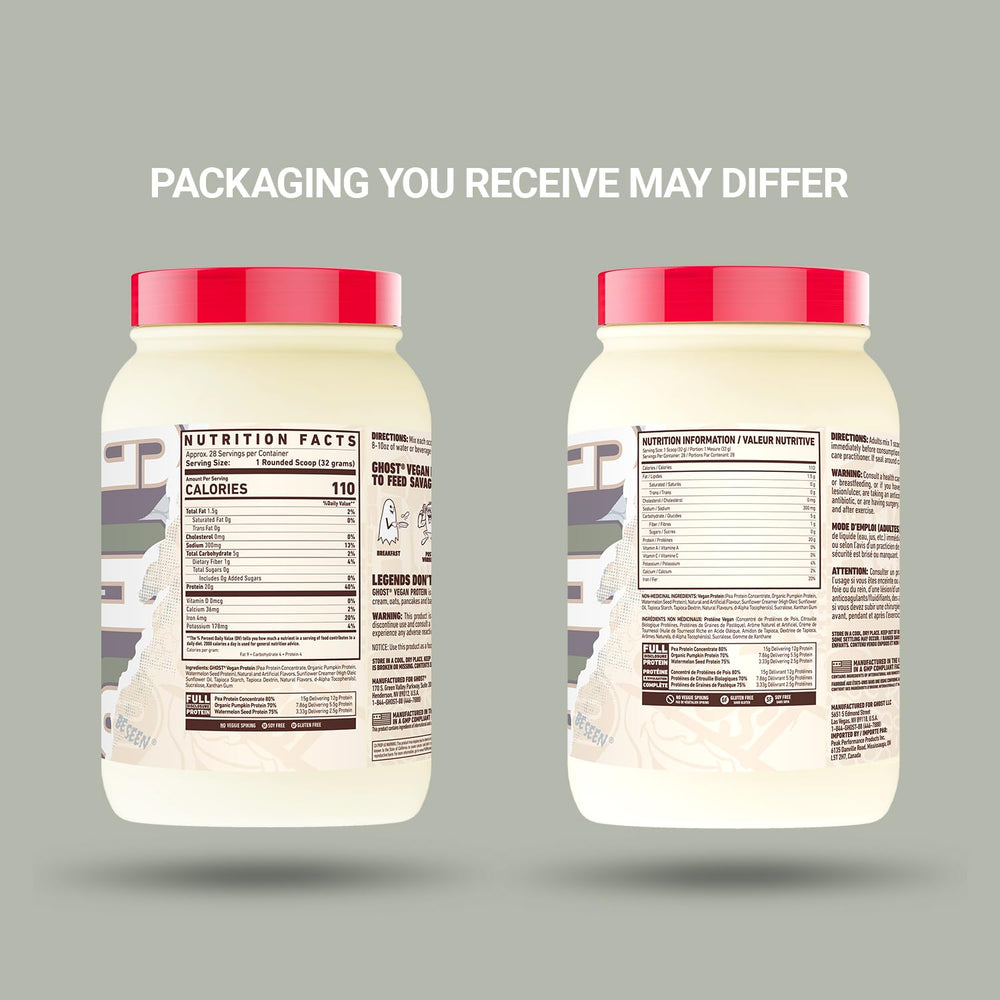 GHOST Vegan Protein sabor plátano para panqueques, aroma apetitoso para desayunos energéticos.