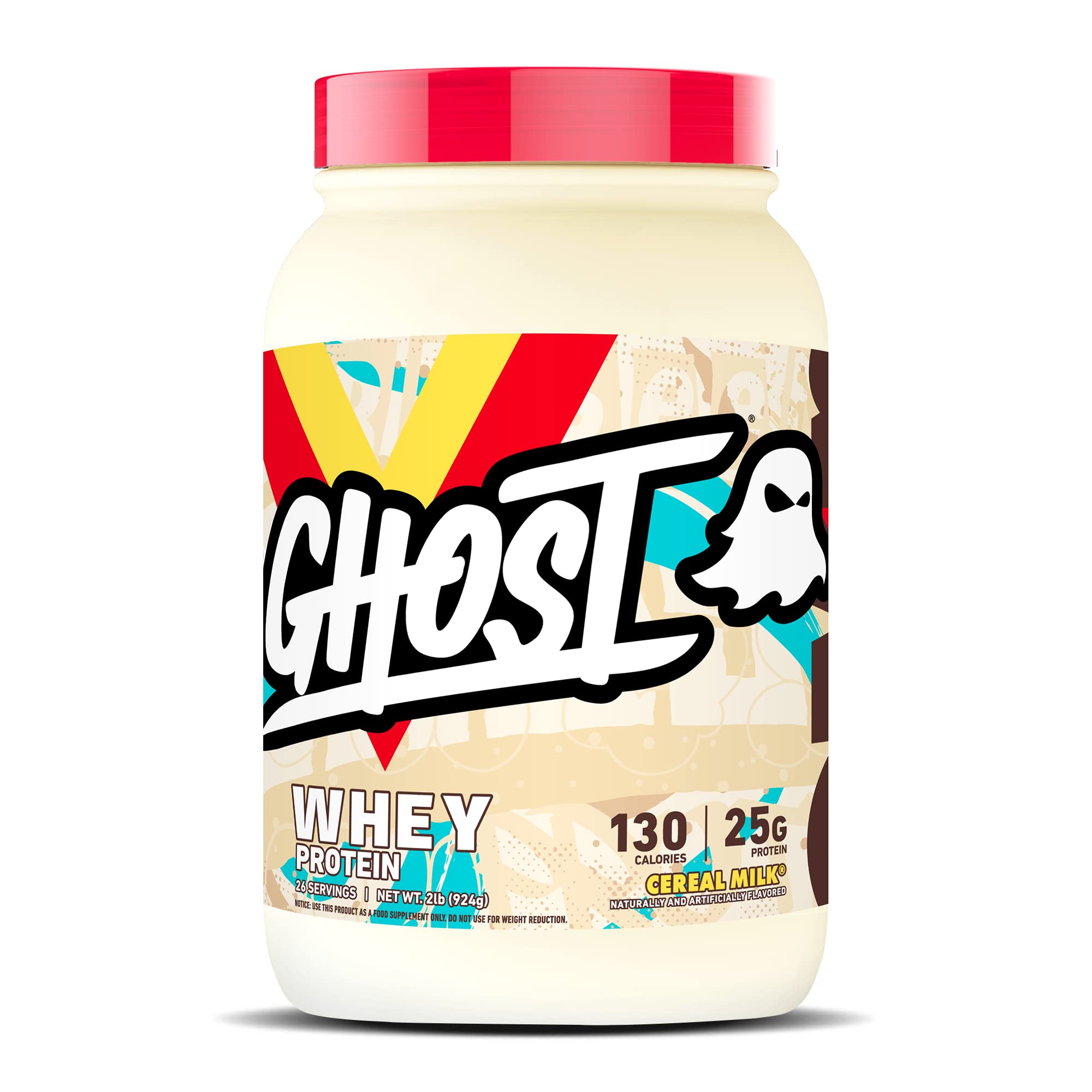 GHOST Whey Cereal Milk tub with transparent label showing protein content for trusted nutrition
