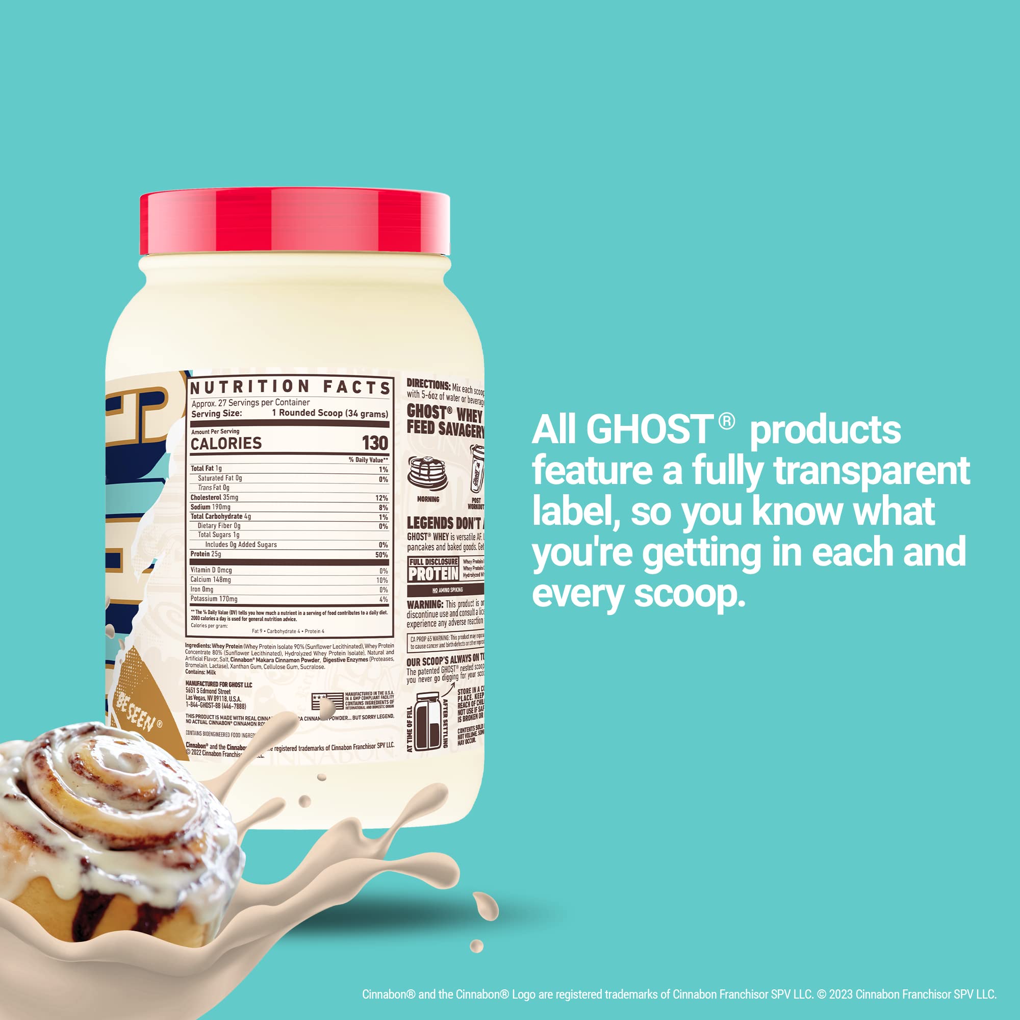 GHOST Whey Cinnabon ingredients label close-up confirms full disclosure and gluten-free option.