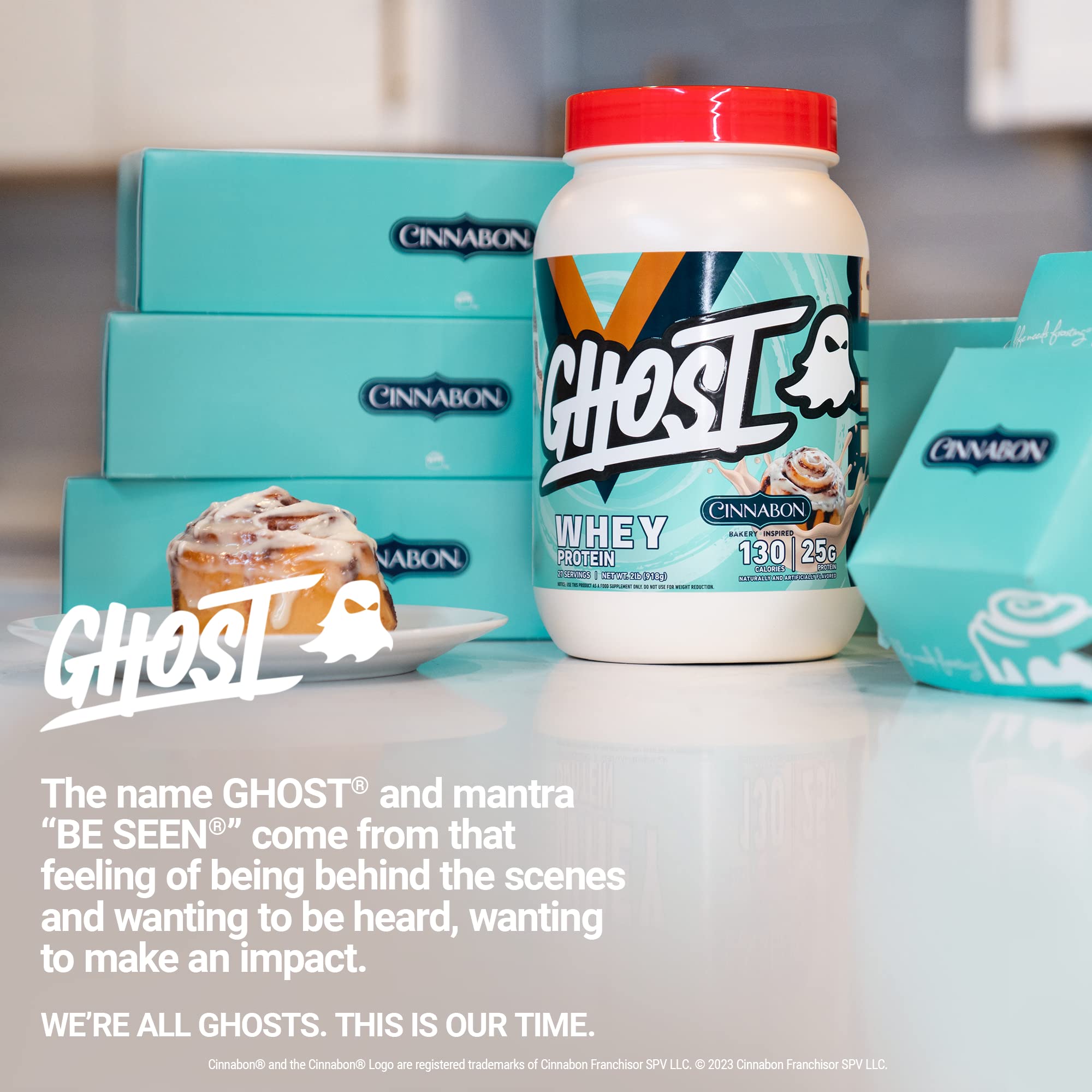 GHOST Whey Cinnabon lifestyle shot communicates flavor for active days.
