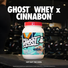 Ghost Whey Cinnabon pour shot demonstrates quick mix for on-the-go shakes.