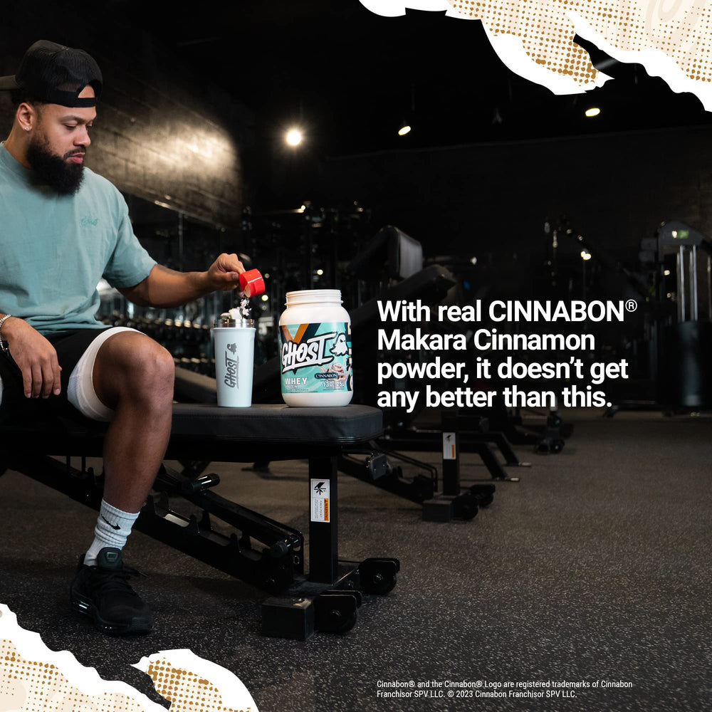 GHOST Whey Cinnabon shaker in action for a post-workout routine.
