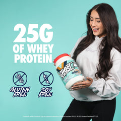 GHOST Whey Cinnabon texture close-up reveals creamy powder for tasty shakes.
