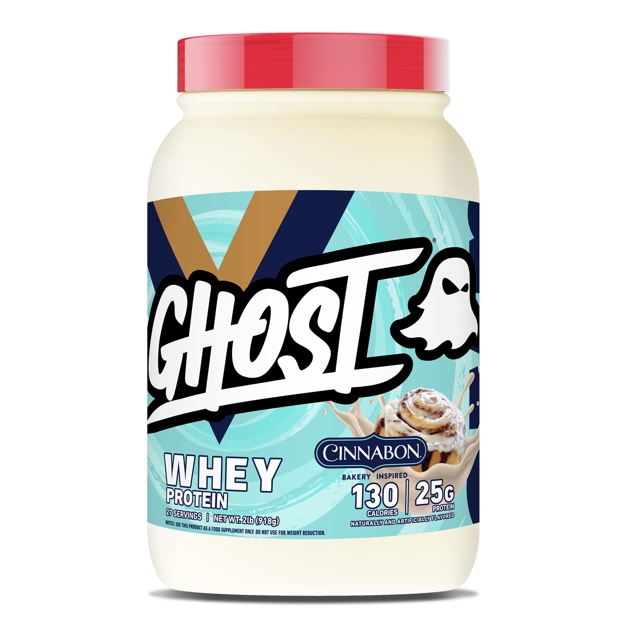 GHOST Whey Cinnabon tub front showcasing premium protein blend for post-workout nutrition.