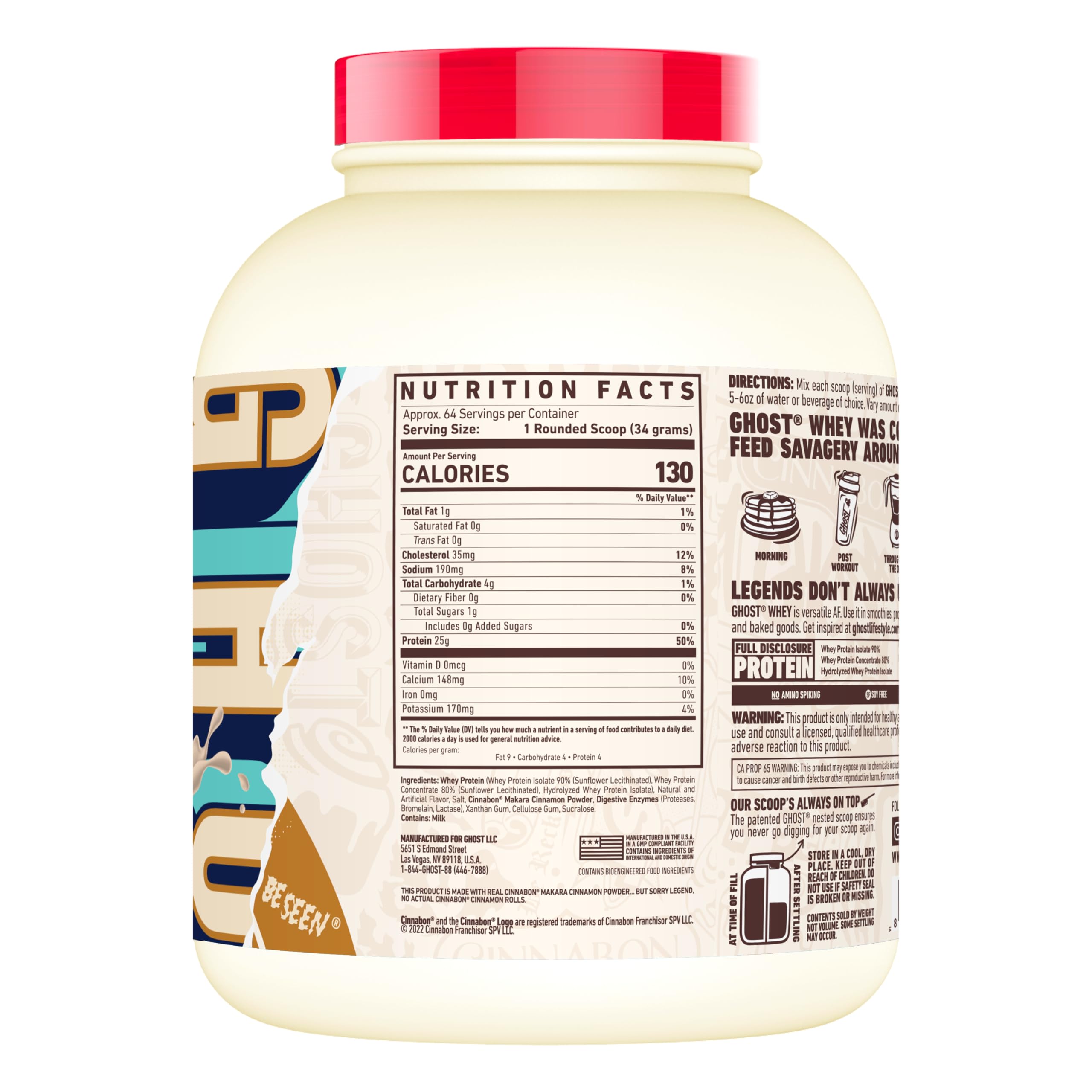 Ghost Whey Cinnabon tub label highlighting transparent ingredients and gluten-free formula