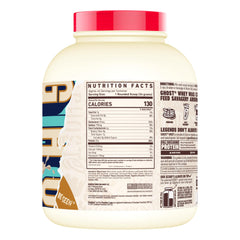 Ghost Whey Cinnabon tub label highlighting transparent ingredients and gluten-free formula