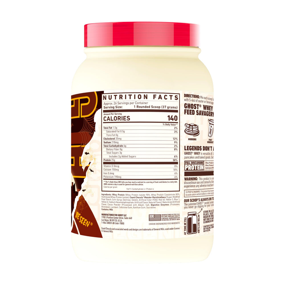 Ghost Whey Count Chocula tub nutrition label shows fully disclosed blend and digestive enzymes