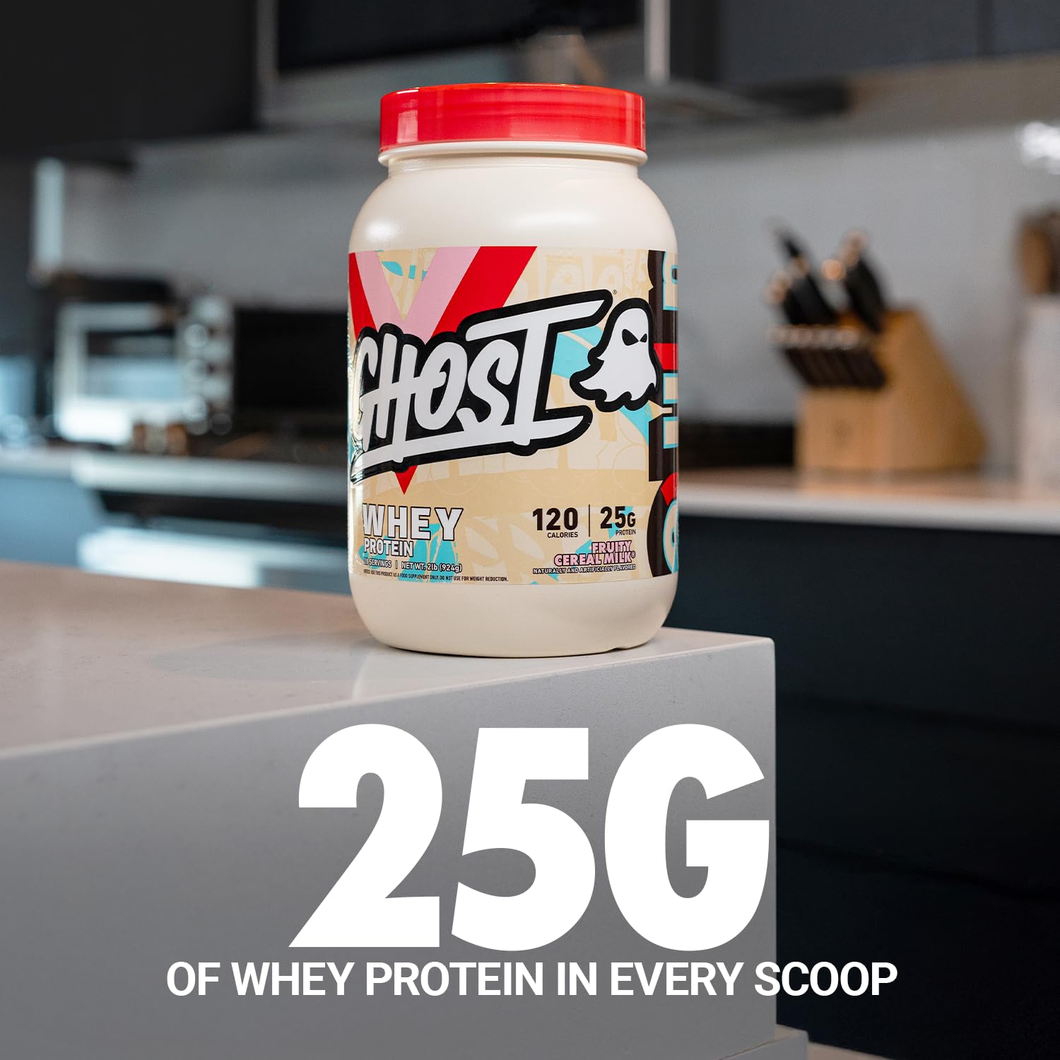 GHOST Whey powder scoop shows 25g protein per serving for recovery ideas.
