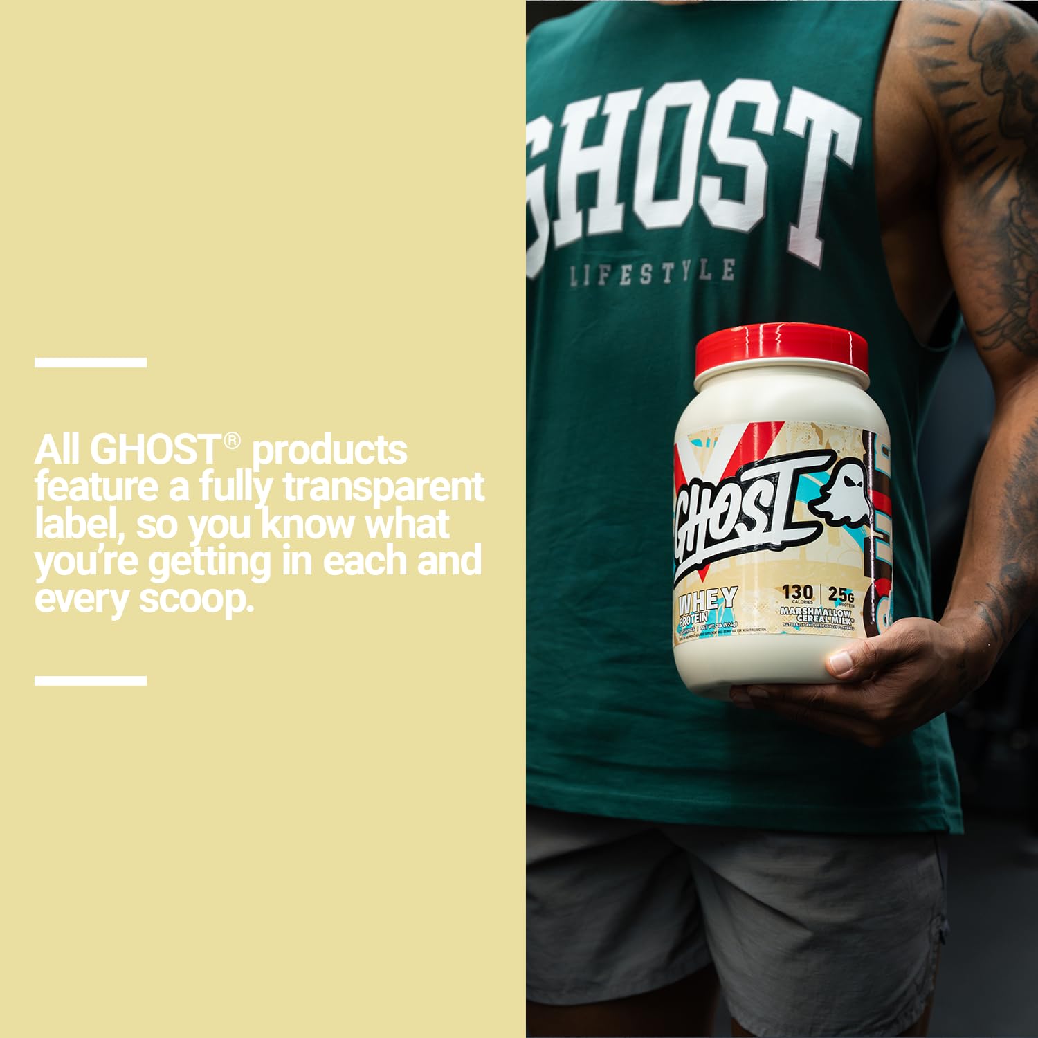 Ghost Whey Marshmallow Cereal Milk label shows fully disclosed macros.