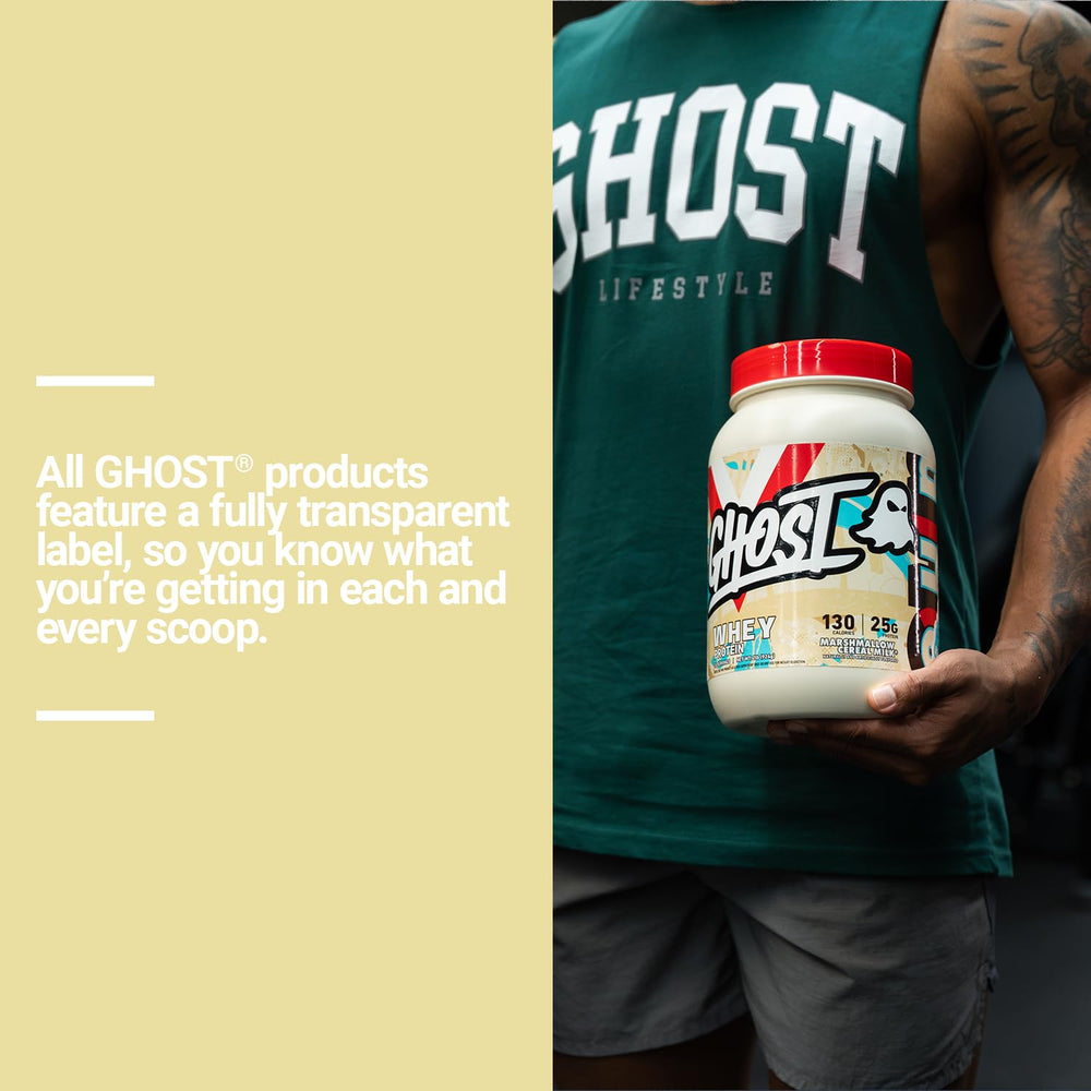 Ghost Whey Marshmallow Cereal Milk label shows fully disclosed macros.