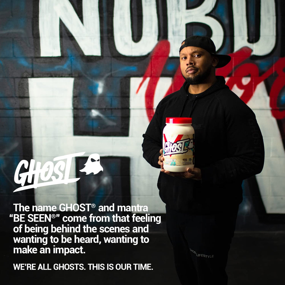 Ghost Whey Marshmallow Cereal Milk packaging highlights gluten-free and soy-free formula.