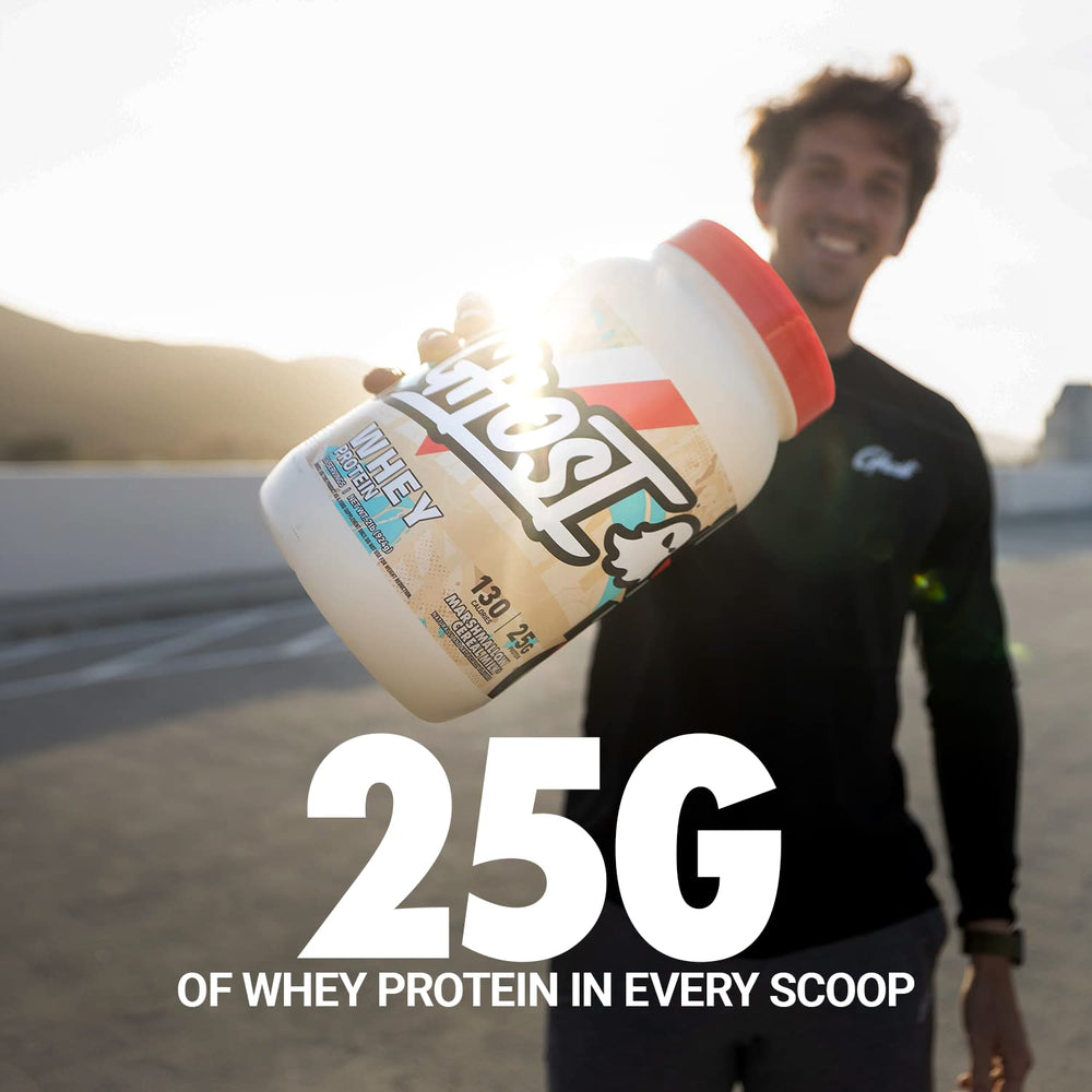 Glass of Ghost Whey Marshmallow Cereal Milk shake suitable for post-workout.