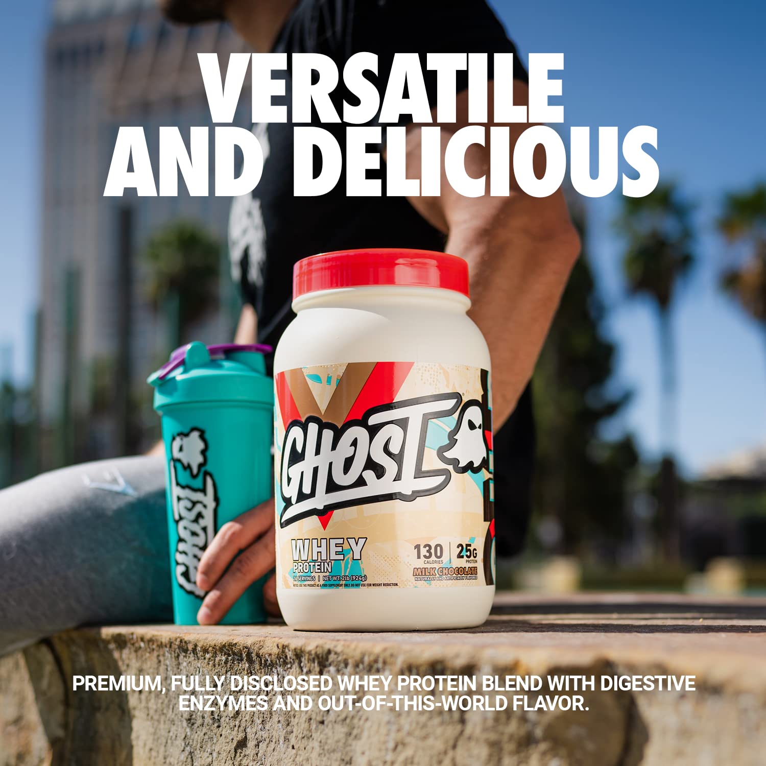GHOST Whey Nutrition panel showing 25g per scoop with transparent labeling