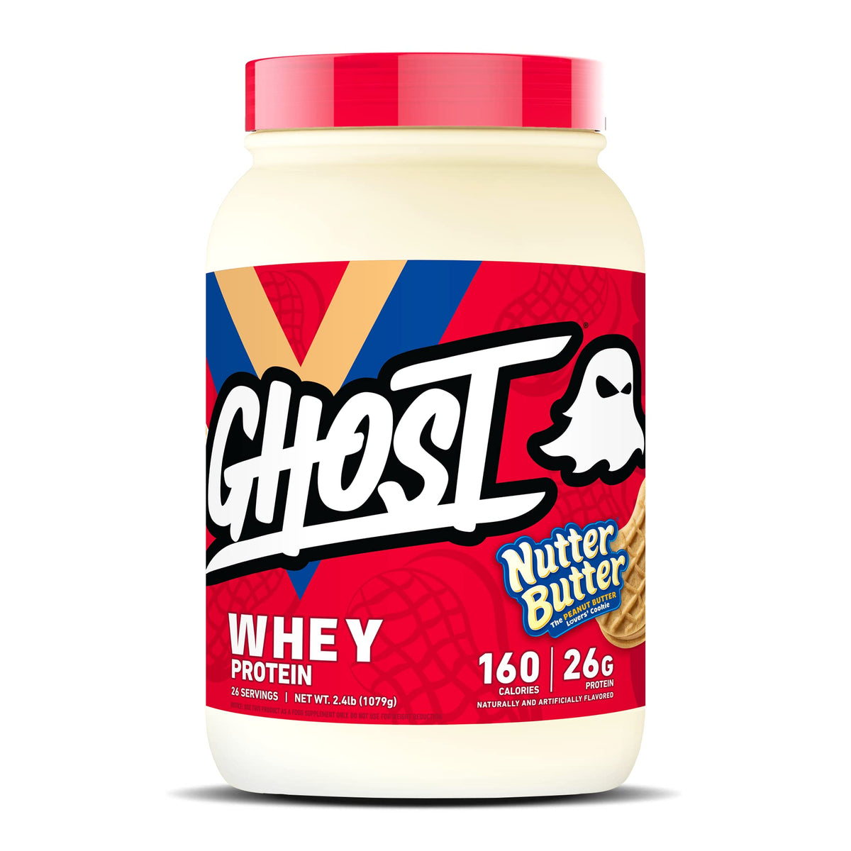 Ghost Whey Nutter Butter tub with real cookie pieces for post-workout shakes