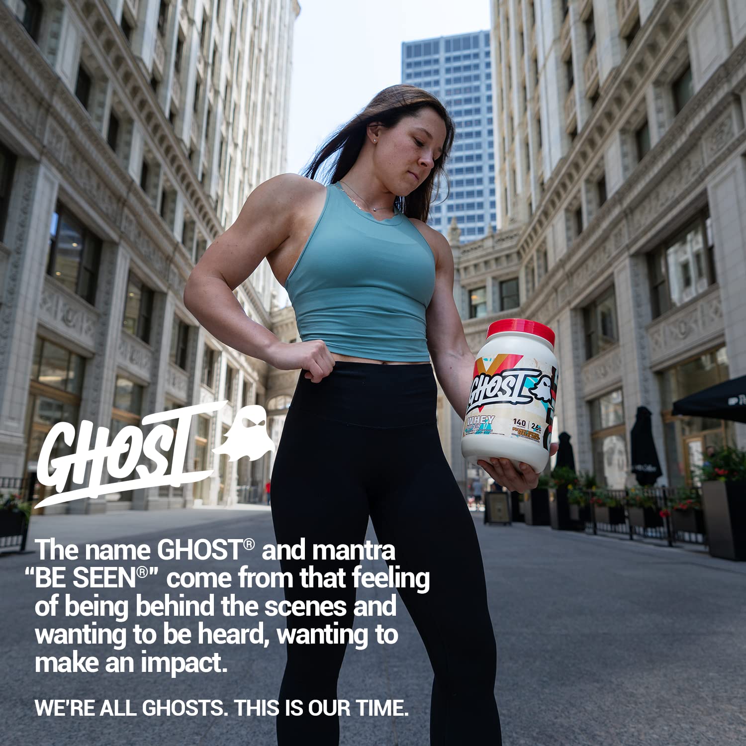 Gym-ready lifestyle scene featuring GHOST Whey for recovery