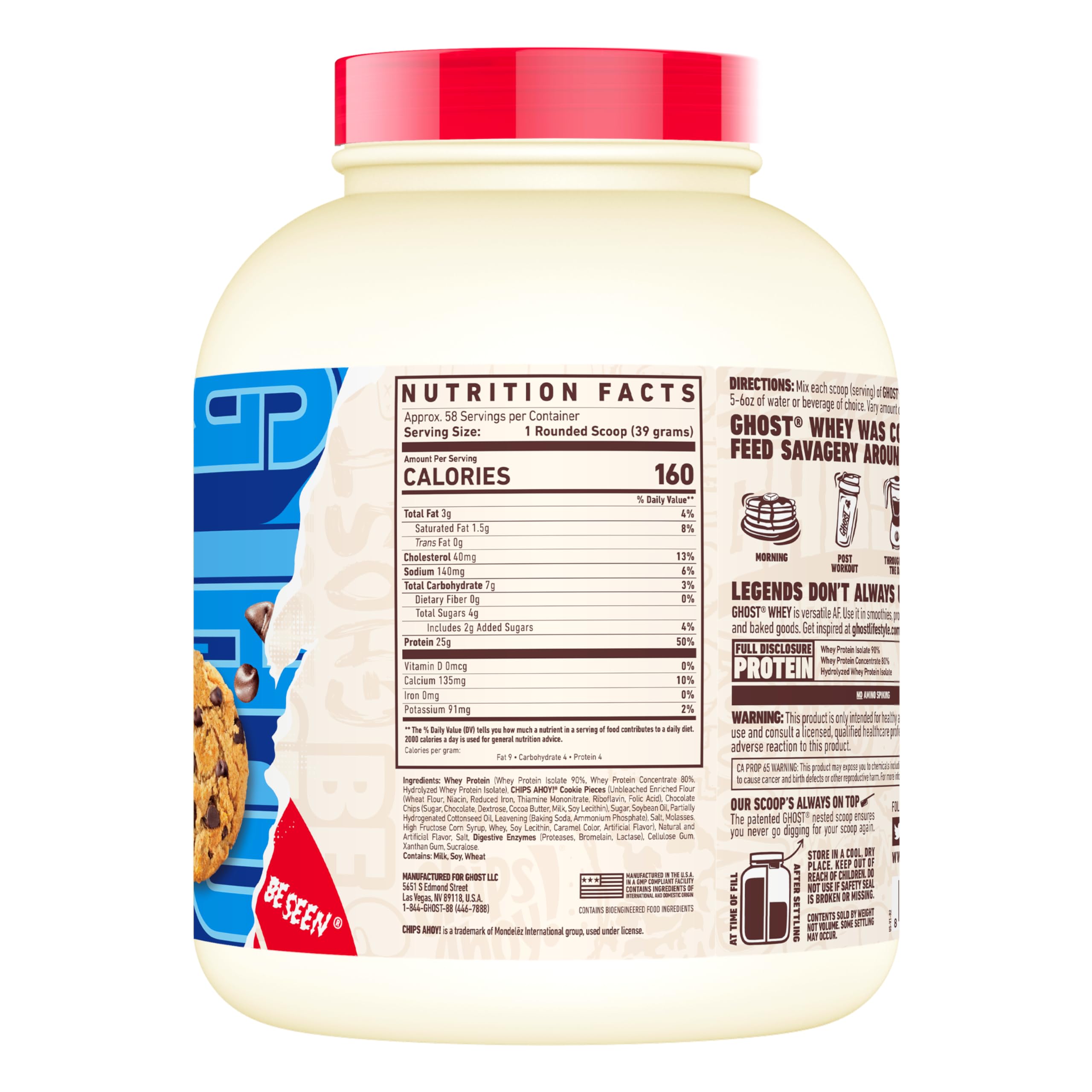 Image of GHOST Whey with Chips Ahoy cookie pieces highlighting real cookie inclusions.