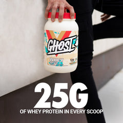 Ghost whey protein tub label shows fully disclosed ingredients and 25g per scoop.