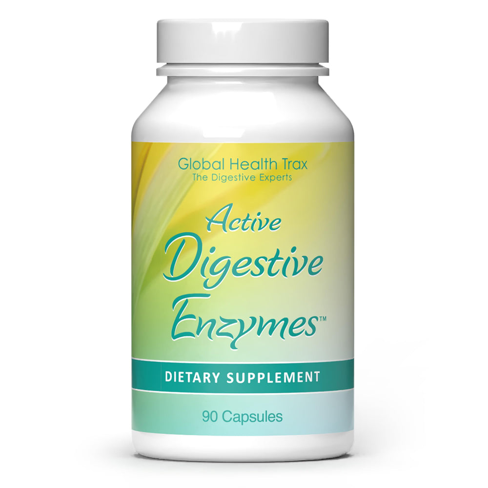 Global Health Trax Active Digestive Enzymes bottle supports smoother digestion after meals.
