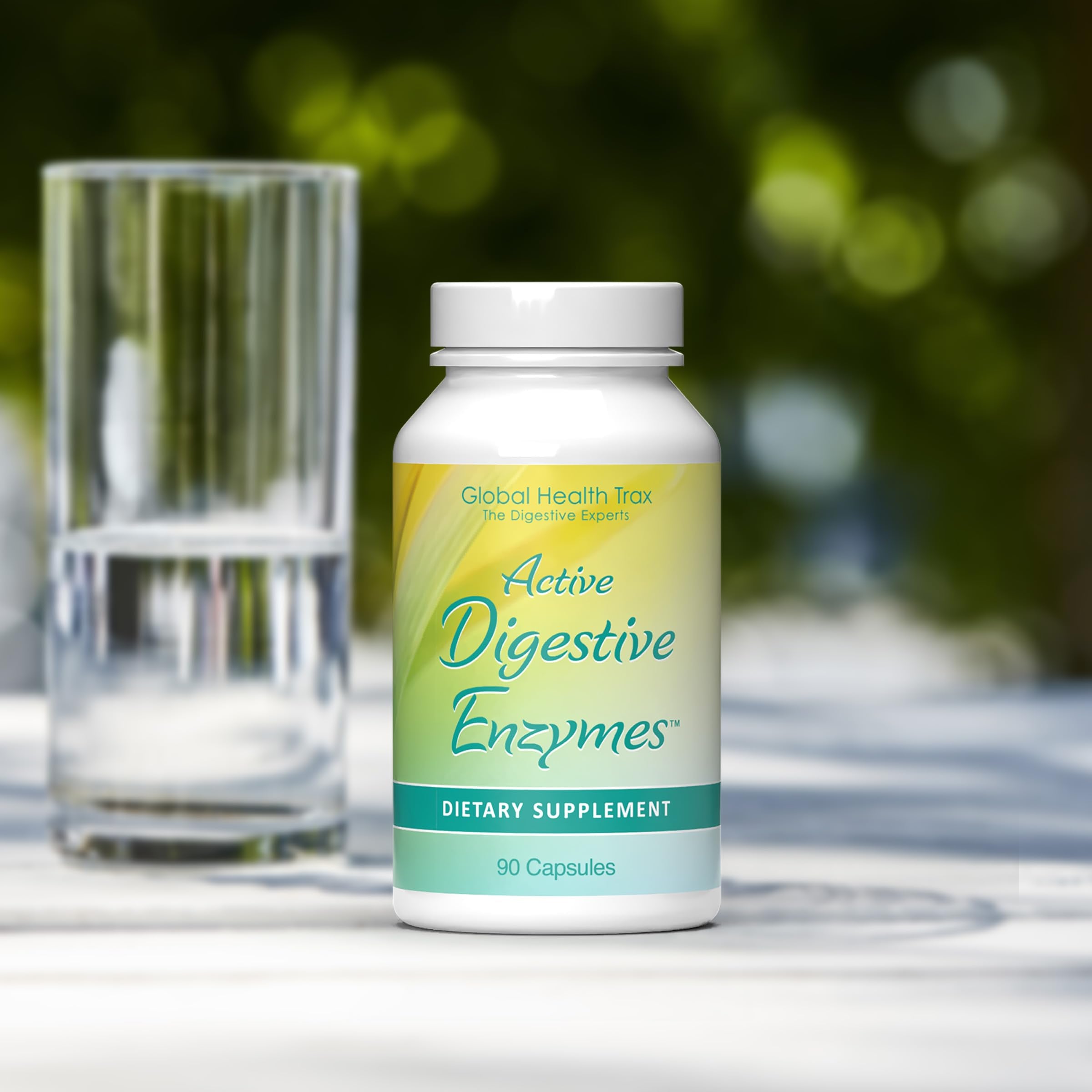 Global Health Trax Active Digestive Enzymes capsules provide plant-based digestive support.