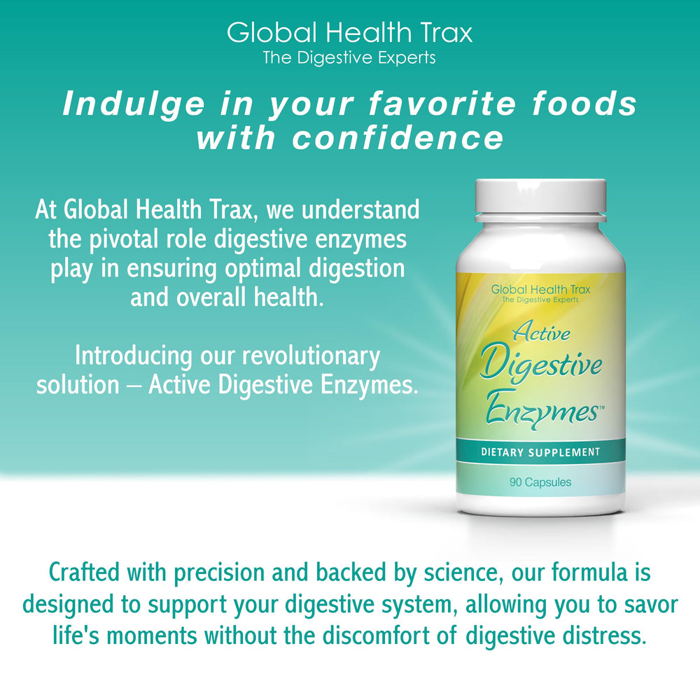 Global Health Trax Active Digestive Enzymes packaging box provides usage details.