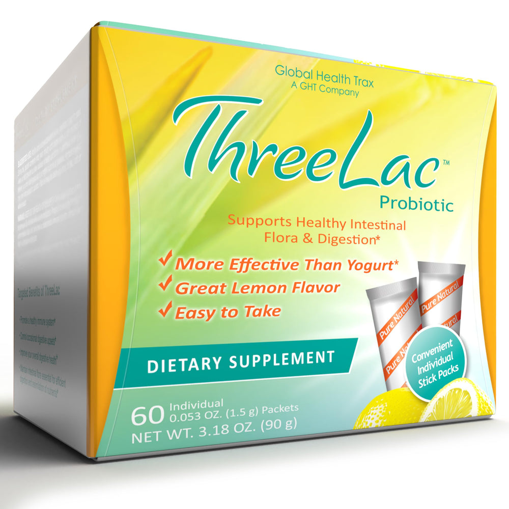 Global Health Trax ThreeLac Lemon bottle front for daily gut support