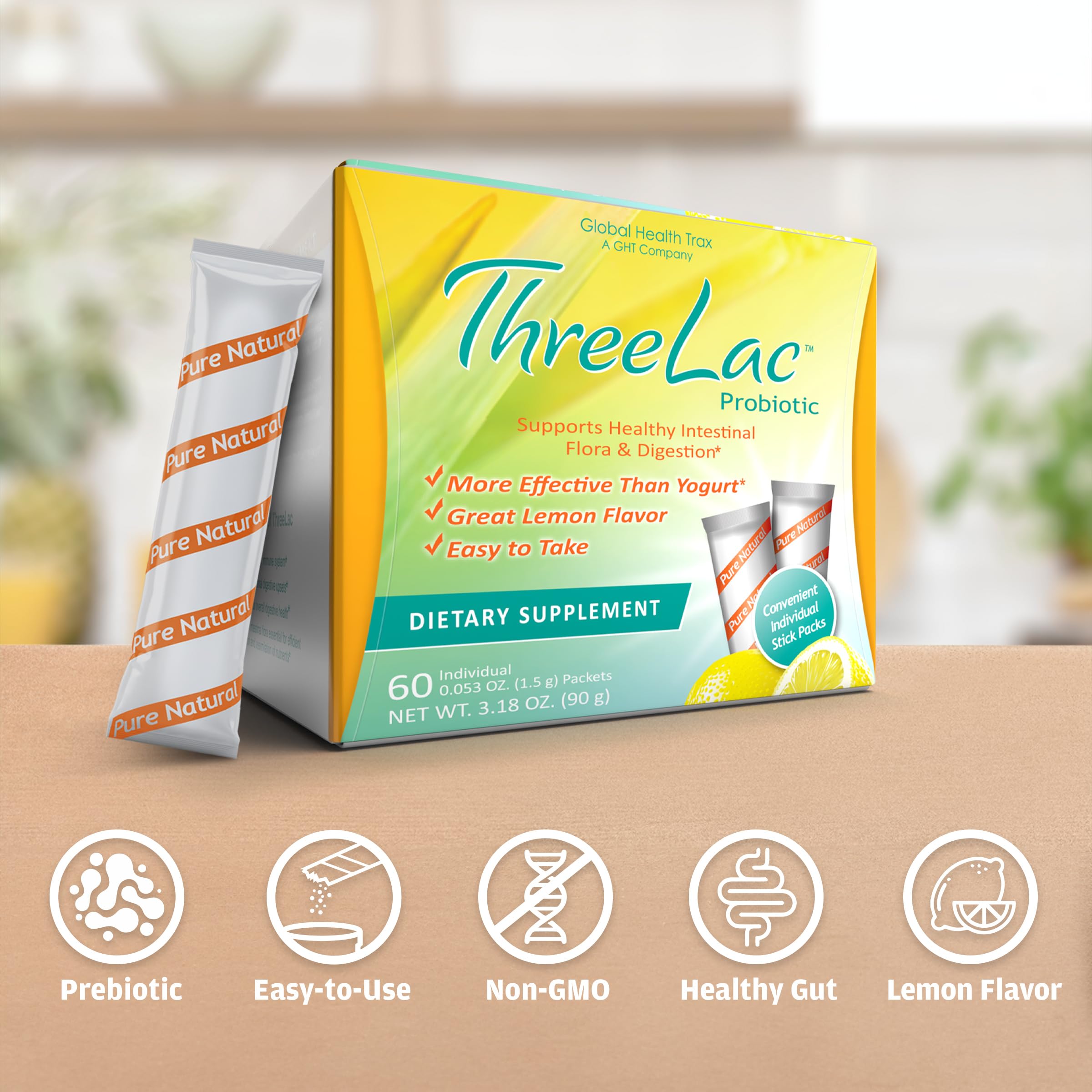 Global Health Trax ThreeLac Lemon non-GMO dosing cup with label