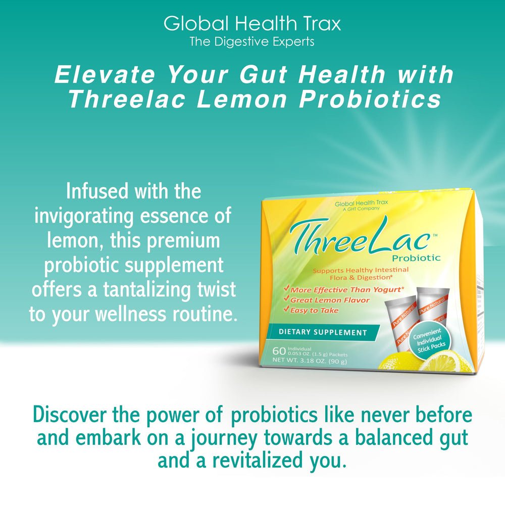 Global Health Trax ThreeLac Lemon scoop beside powder indicates easy stirring