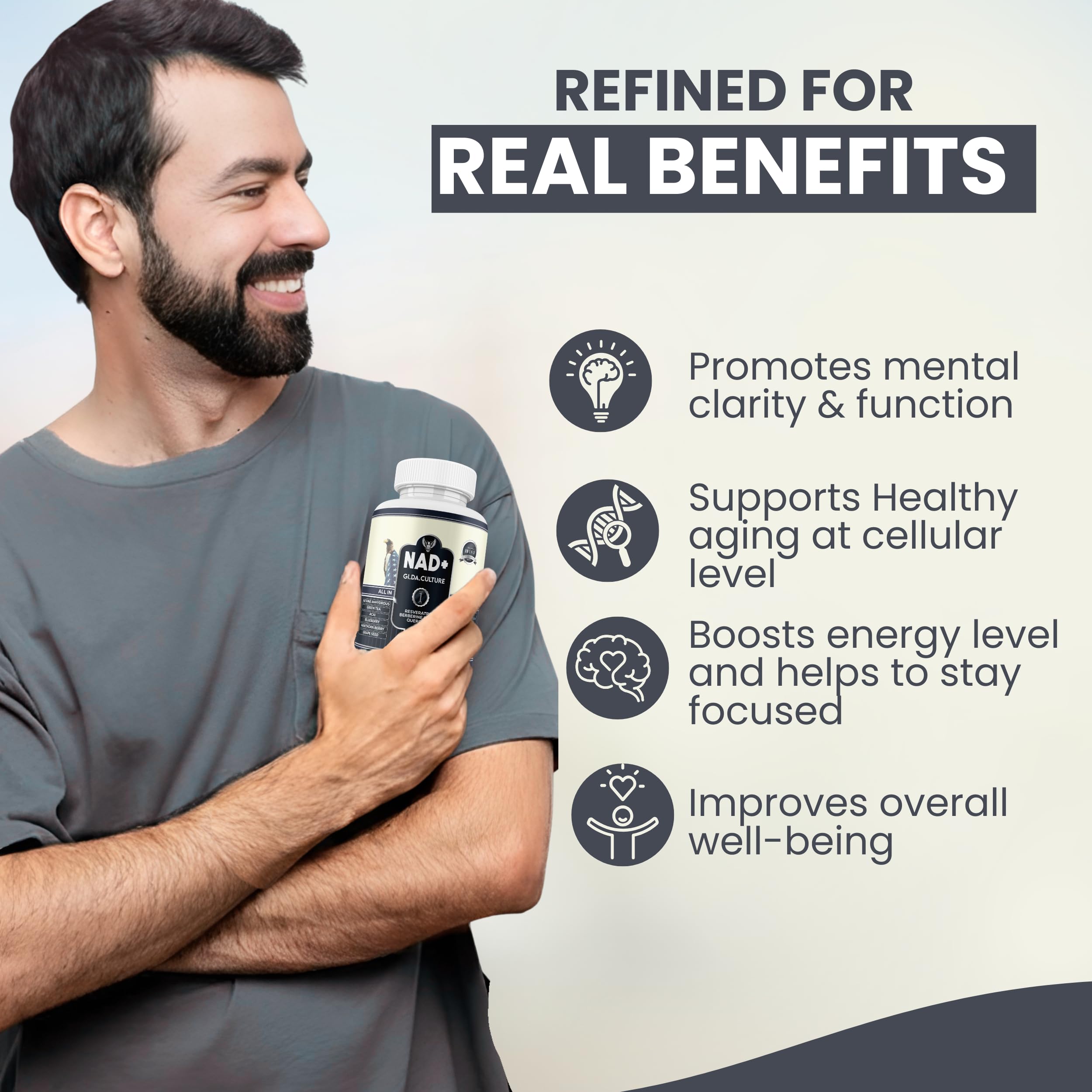 Gi.Da.Culture NAD+ Resveratrol daily-dosage image shows easy two-capsule routine.
