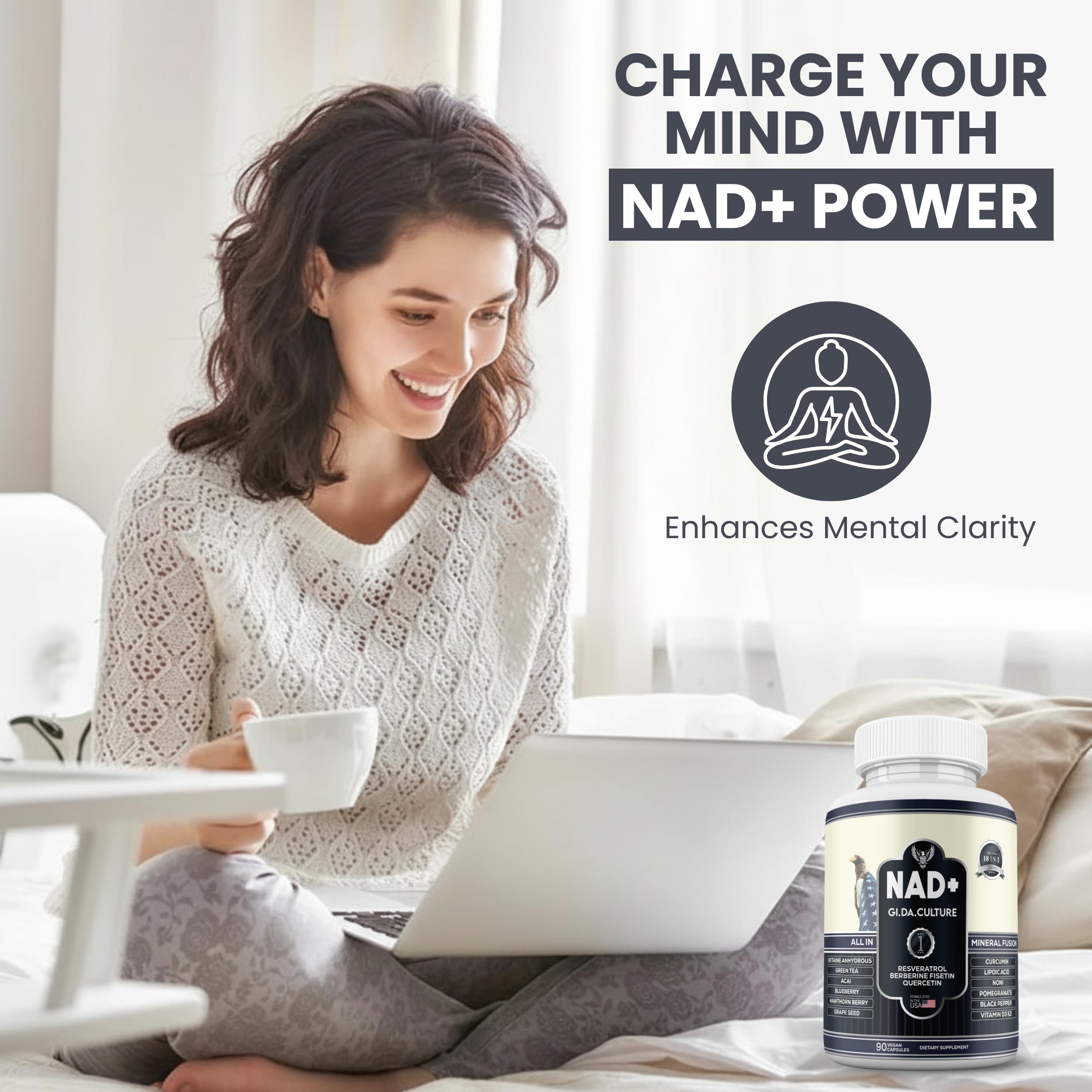 Gi.Da.Culture NAD+ Resveratrol label highlights purity and non-GMO ingredients.