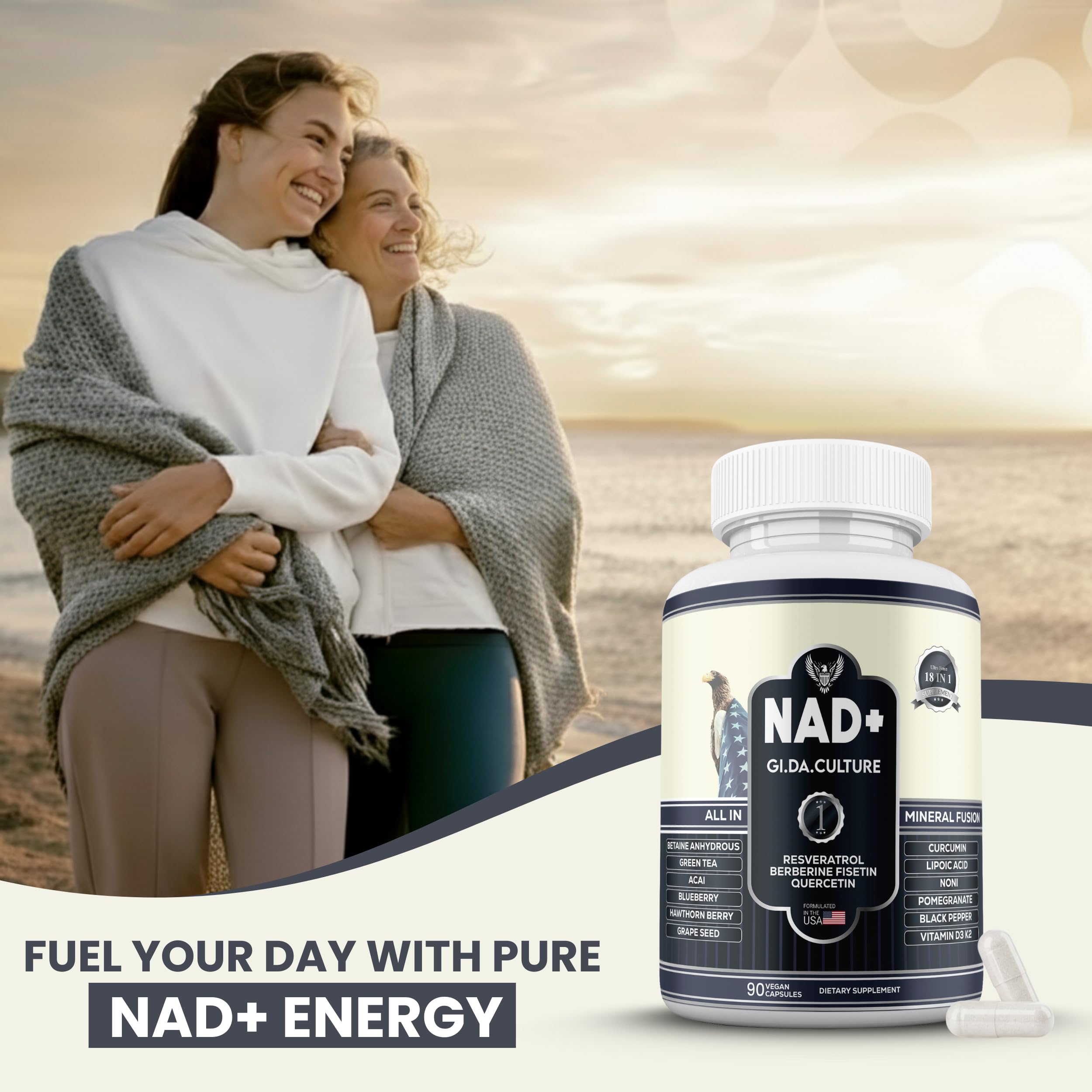 Gi.Da.Culture NAD+ Resveratrol US facility badge signals quality manufacturing.