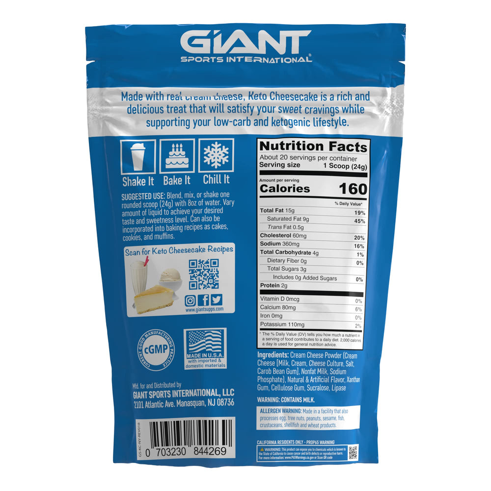 Giant Sports Keto Cheesecake Shake Mix jar side reveals creamy texture and quality packaging.