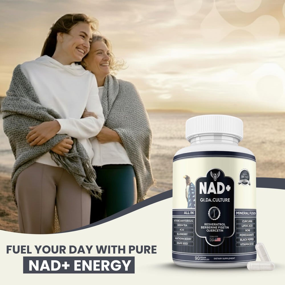 Gi.Da.Culture NAD+ Resveratrol bottle photographed in morning light.