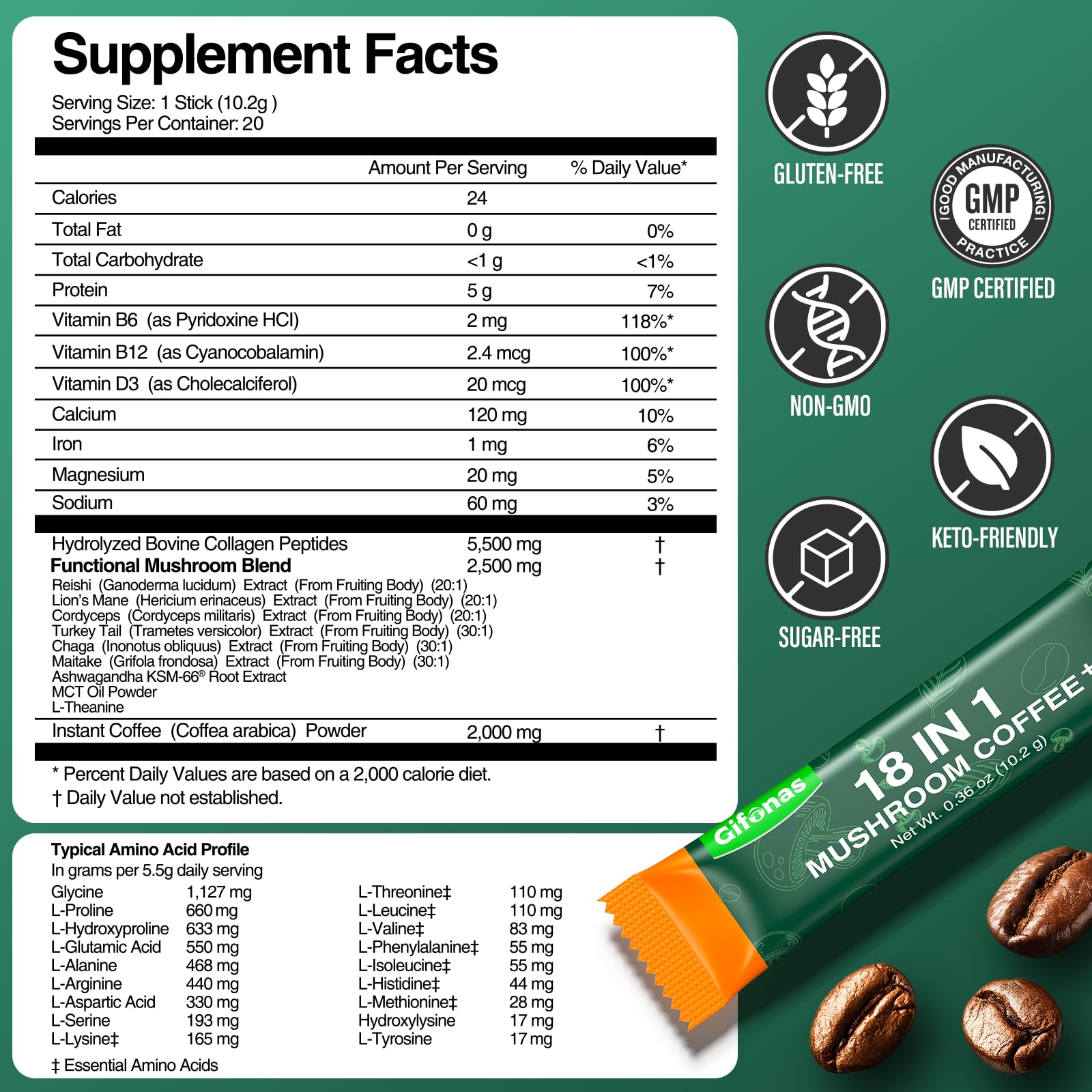 gifonas Mushroom Coffee ashwagandha and L-Theanine icon hints calm focus