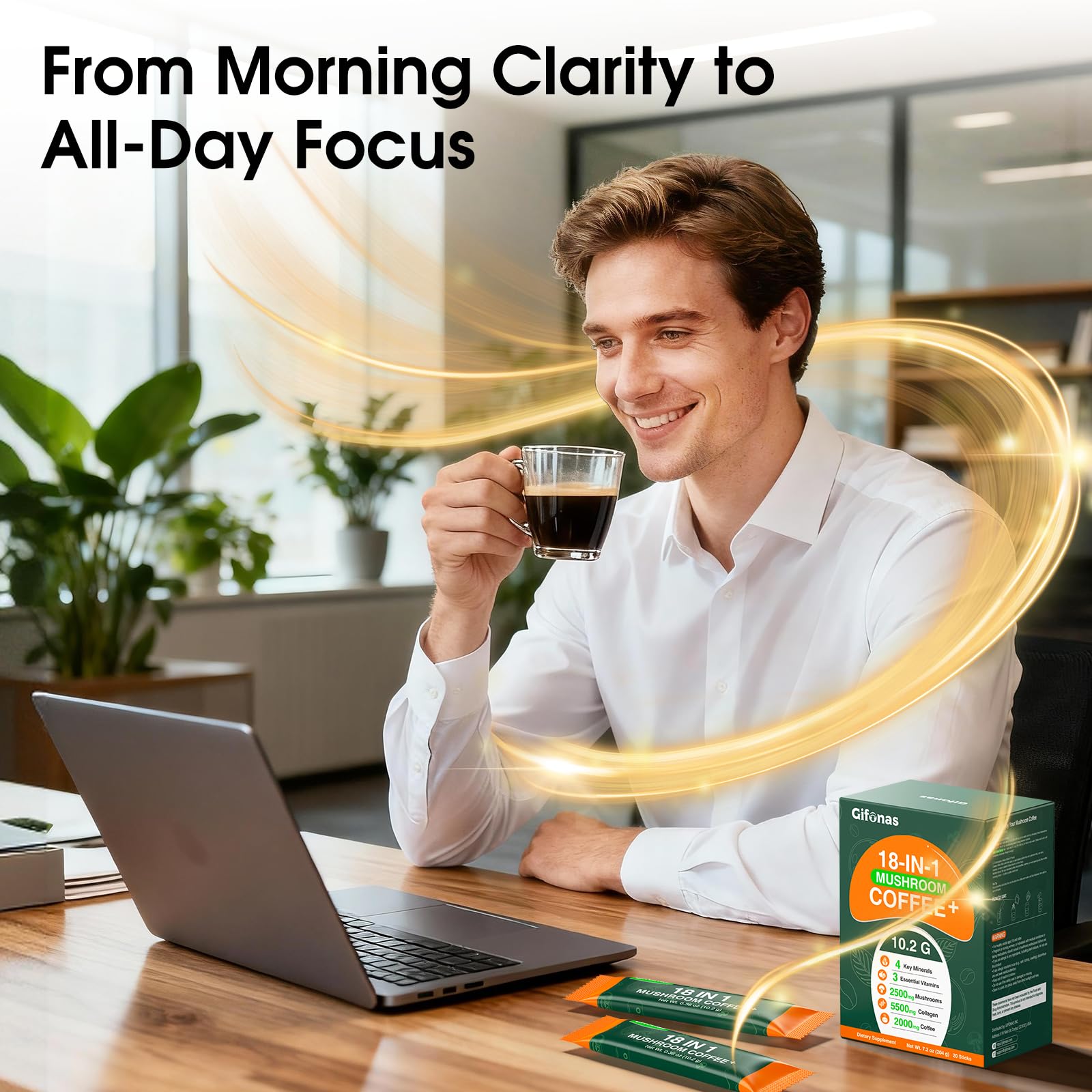 gifonas Mushroom Coffee steaming cup ready to drink for home or travel