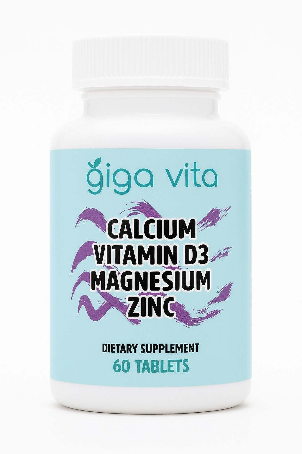 Giga Vita bottle-pour of calcium-d3-magnesium-zinc supplement supports daily bone and immune wellness.