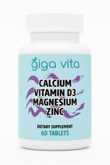 Giga Vita bottle-pour of calcium-d3-magnesium-zinc supplement supports daily bone and immune wellness.