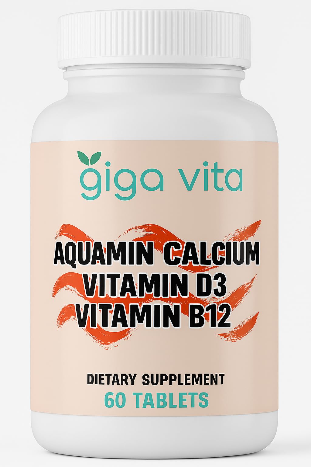 Giga Vita Aquamin calcium bottle front showcases plant-based marine calcium for bone support.