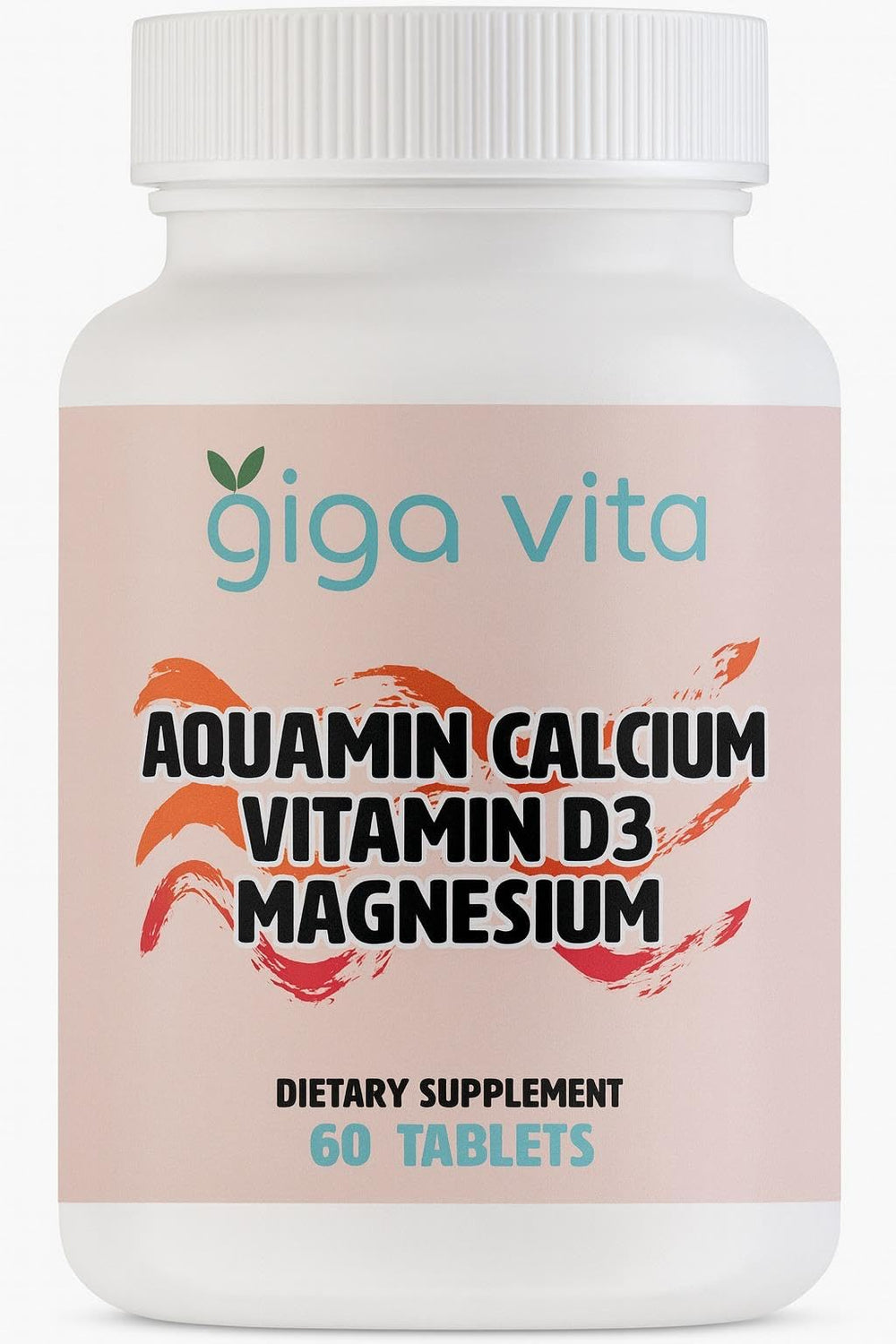 Giga Vita Aquamin calcium tablets bottle front showing plant-based calcium for bone support.